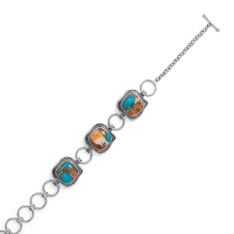 Ladies bridal bracelets-Curata 925 Sterling Silver Spiny Oyster and Turquoise Toggle Bracelet Cushion Cut Compressed Stones Measure 13m