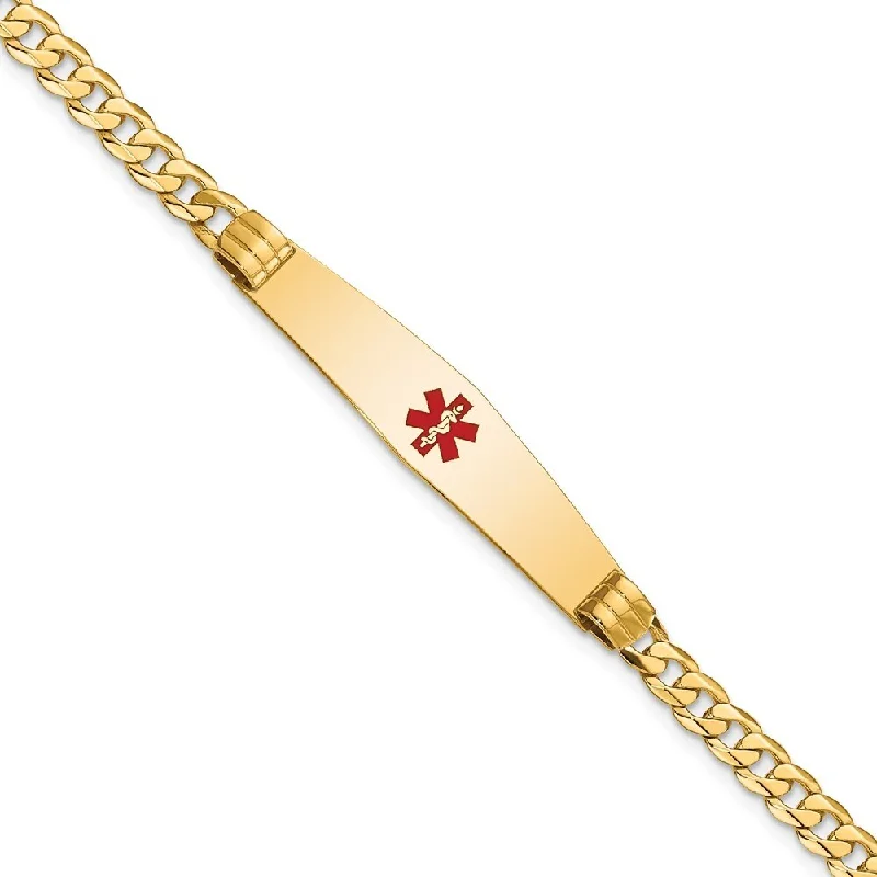 Ladies minimalist bracelets-14k Yellow Gold 9mm Medical Soft Diamond Shape Red Enamel Curb Link ID Bracelet, 7"