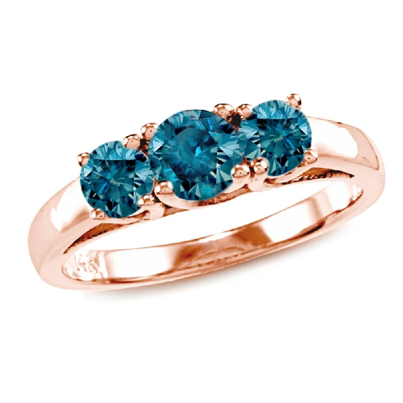 Ladies lab-grown diamond engagement rings-Auriya 1ctw Round 3 Stone Blue Diamond Engagement Ring 14k Rose Gold