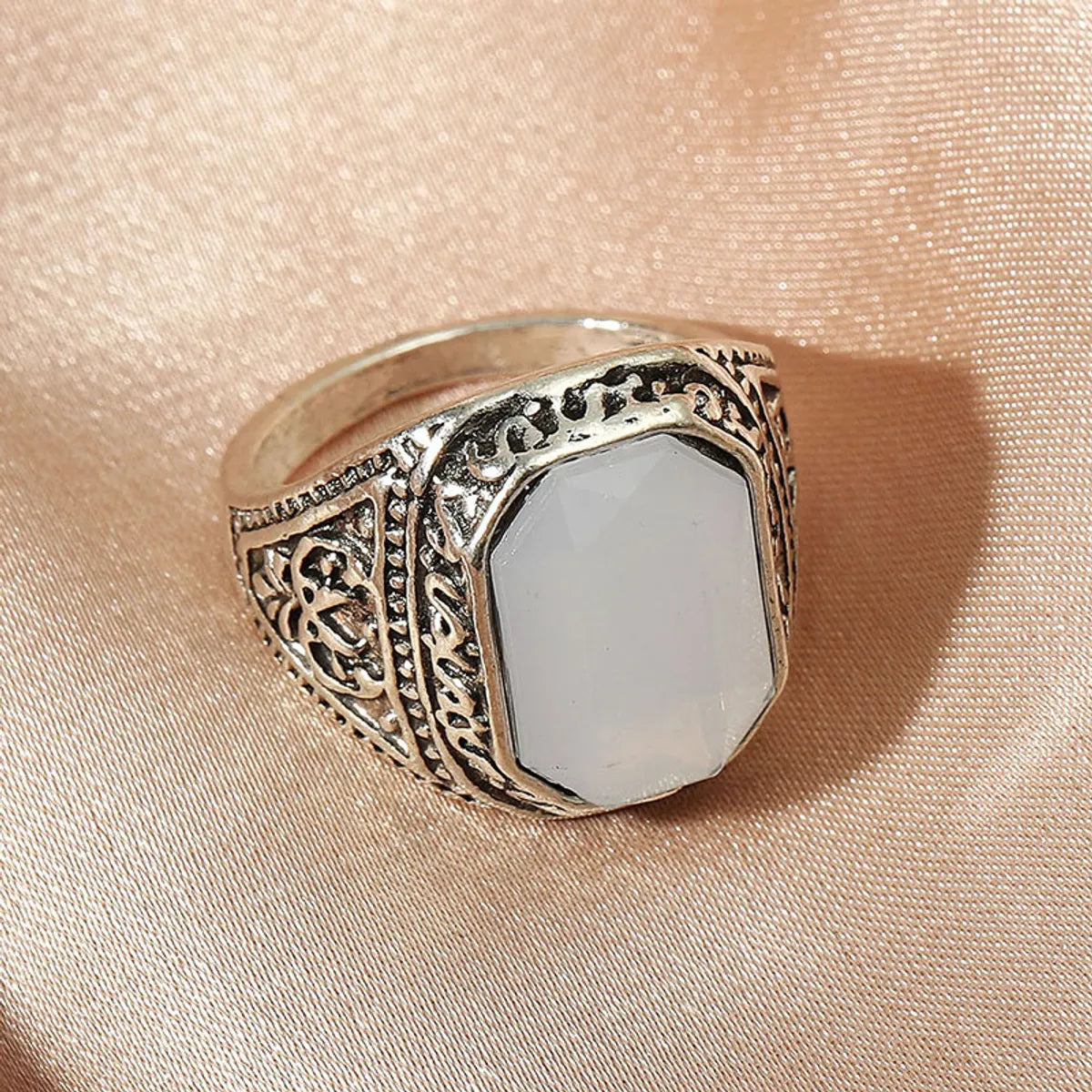 Ladies sapphire rings-Fashion Ethnic Retro Vintage Carved Big White Geometric Stone Ring