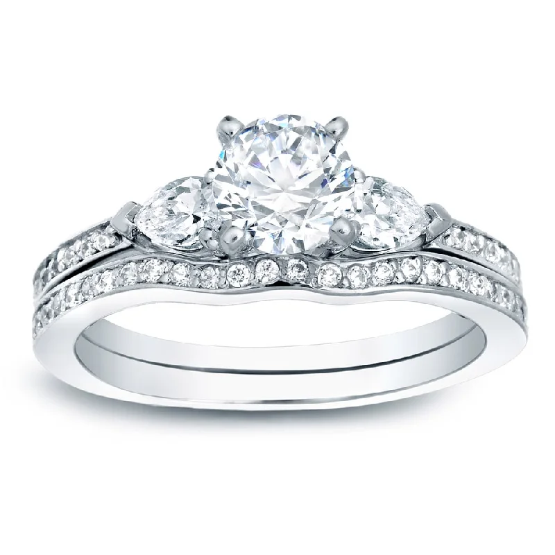 Ladies large diamond engagement rings-Auriya Platinum 1 carat TW Round 3-Stone Diamond Engagement Ring Set