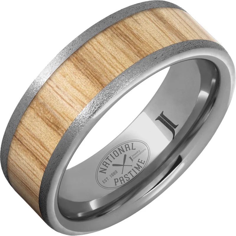 Ladies multi-stone rings-National Pastime Collection™ Rugged Tungsten™ Ring with White Ash Vintage Baseball Bat Wood Inlay and Stone Finish