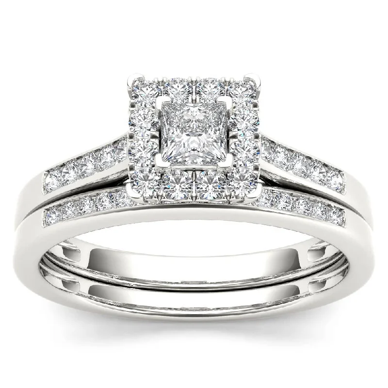 Ladies cushion cut engagement rings-De Couer 10k White Gold 1/2ct TDW Diamond Halo Engagement Ring Set with One Band