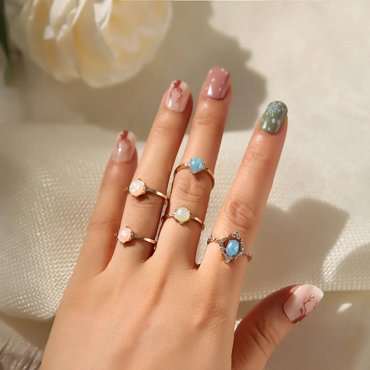 Ladies blue sapphire rings-Cross-border New Fashion Candy Color Tail Ring Imitation Inlaid Amber Joint Ring 5-piece Ring Tail Ring