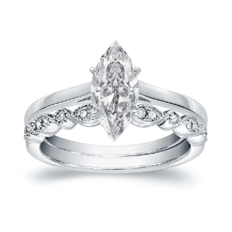 Ladies diamond halo engagement rings-Auriya 1 1/6ctw Vintage Solitaire Marquise Diamond Engagement Ring Set 14k Gold