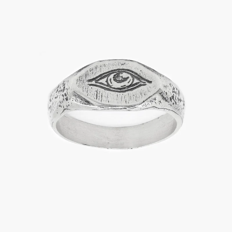 Ladies emerald and diamond rings-Thin Signet Ring With Engraved Evil Eye