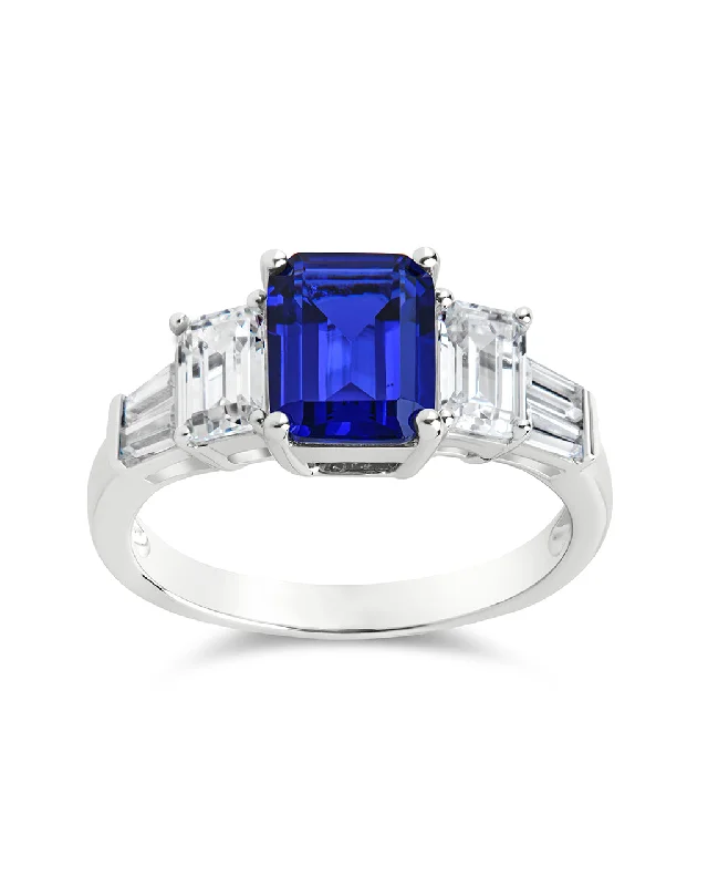 Ladies custom rings-Sterling Silver Emerald Cut Blue Sapphire CZ 3-Stone Ring