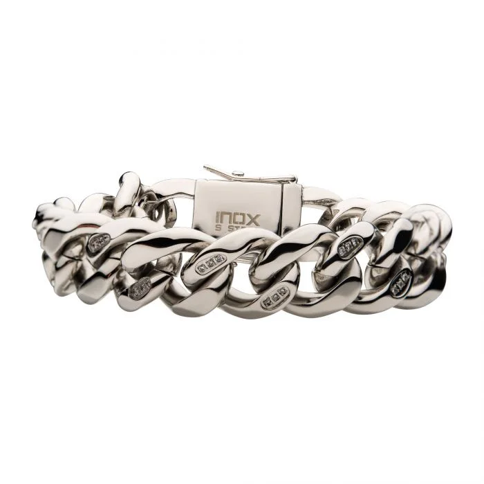 Ladies sterling silver bangles-Stainless Steel Cuban Link Bracelet with Diamonds