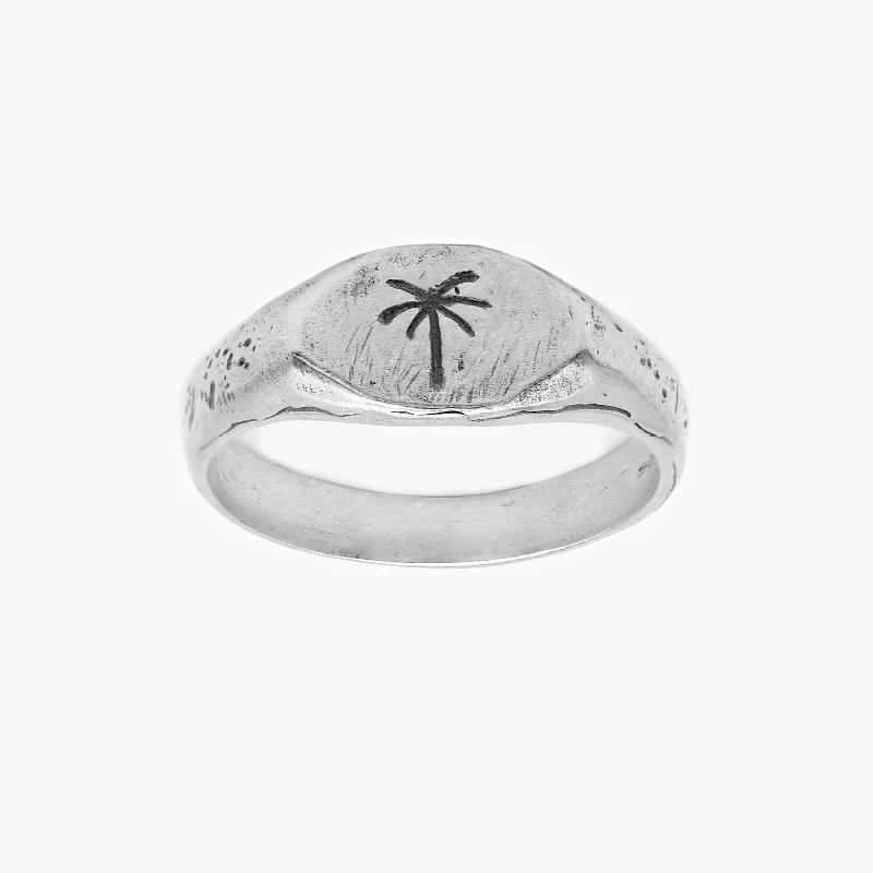 Ladies emerald-cut rings-Thin Signet Ring With Engraved Palm Tree