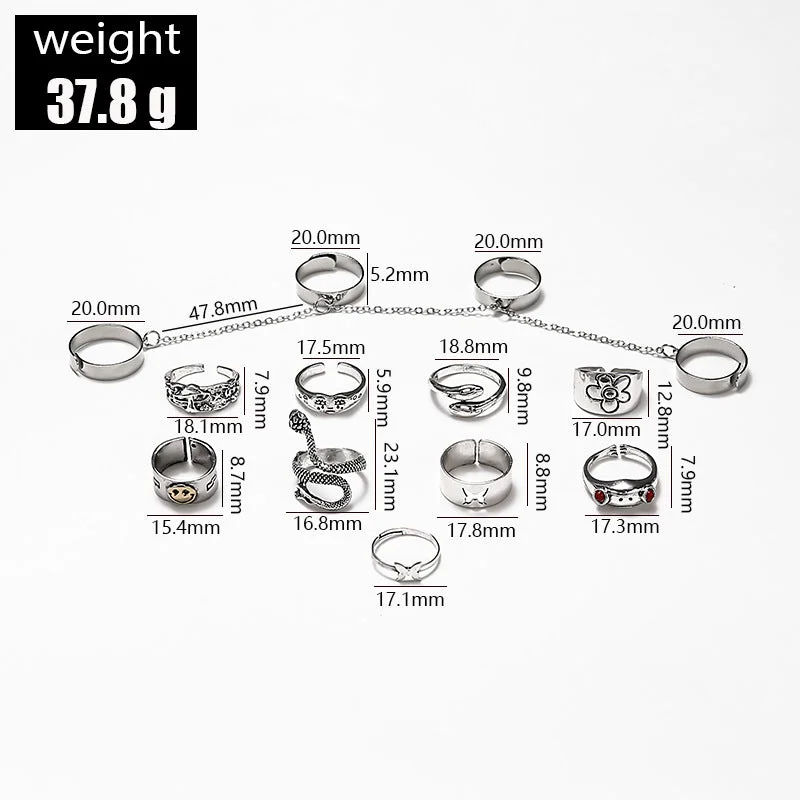 Ladies adjustable rings-Cross-border New Ring 13-piece Set Bohemian Style Ring Chain Butterfly Frog Snake Ring