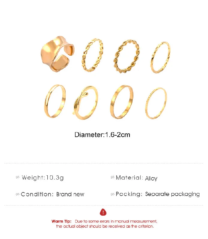 Ladies rose gold diamond rings-Cross-border New Arrival Metal Twist Ring Set European And American Minimalist Creative Geometric Ring 8-piece Set Ring Bracelet