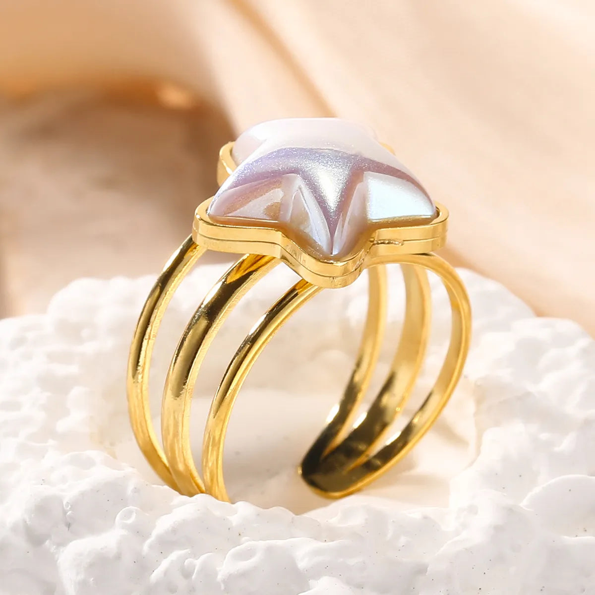 Ladies custom rings-Cute Double Ring Star Stainless Steel Plating Inlay Shell Gold Plated Open Rings