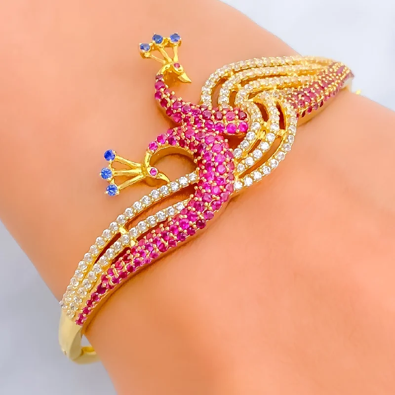 Ladies bangle bracelets-Regal Striped 22k Gold CZ Peacock Bangle Bracelet