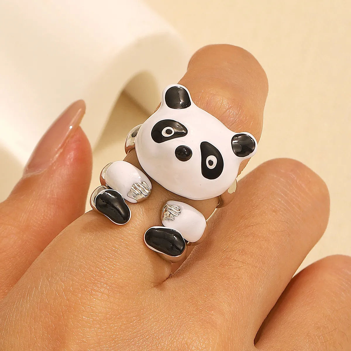 Ladies silver engagement rings-Cute Animal Bear Alloy Enamel Women's Open Rings