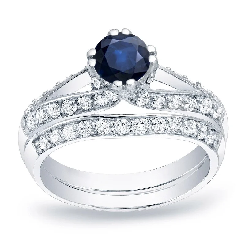 Ladies heart-shaped engagement rings-Platinum Round 1/2ct Sapphire and 3/4ct TDW Diamond Engagement Ring Set by Auriya