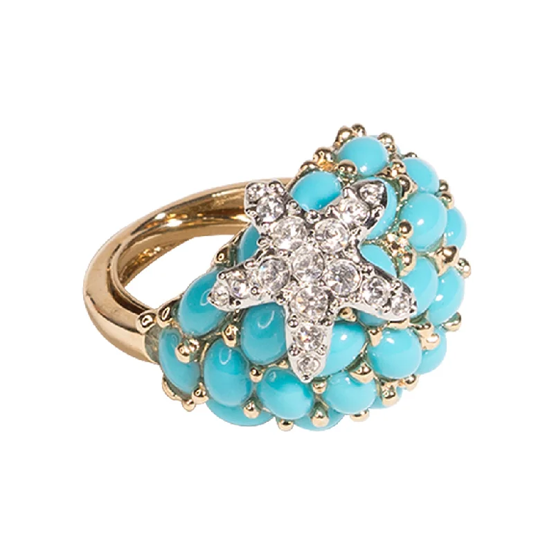 Ladies fashion statement rings-Turquoise And Crystal Starfish Ring