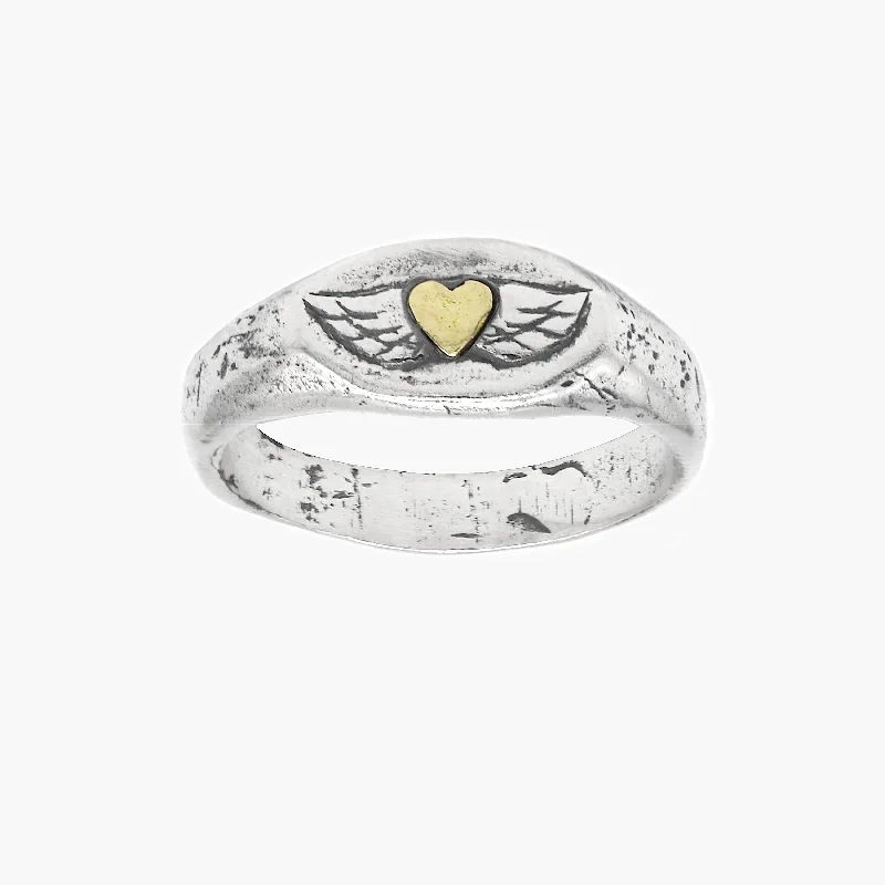 Ladies gemstone cocktail rings-Golden Heart With Wings Sterling Silver Ring