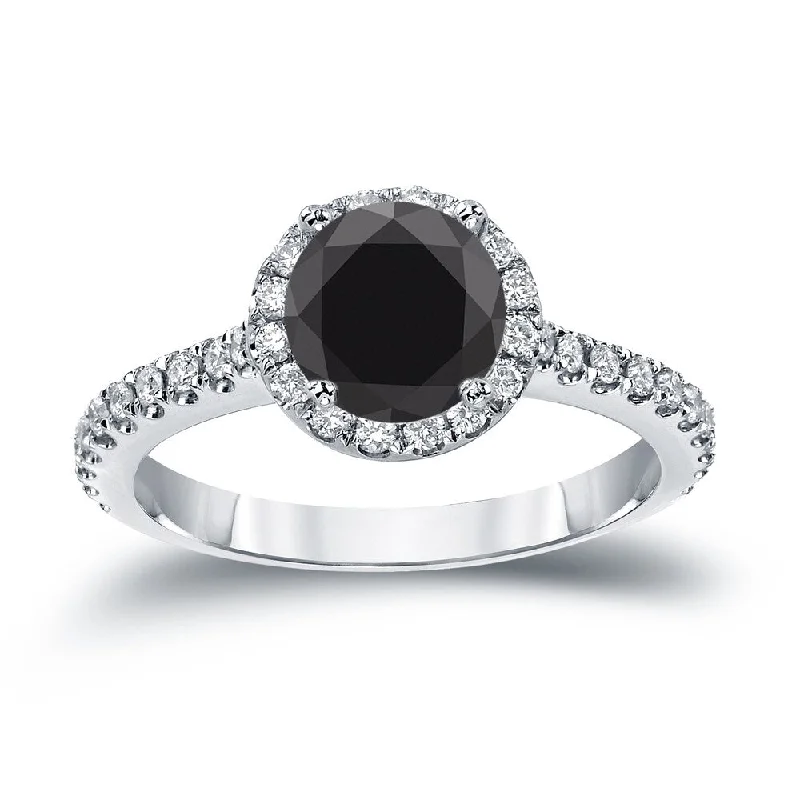 Ladies split-shank engagement rings-14k Gold Round 1 1/3ct TDW Black Diamond with Halo Engagement Ring by Auriya