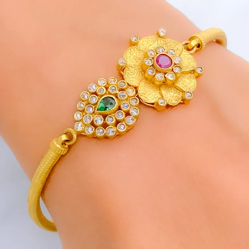 Ladies romantic charm bracelets-Majestic Flower 22k Gold Antique Bangle Bracelet