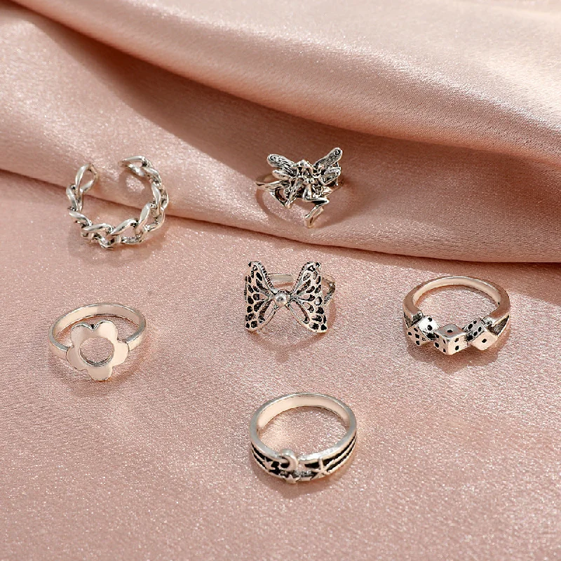 Ladies fancy diamond rings-New Geometric Ring 6-piece Set Retro Butterfly Flower Tail Ring