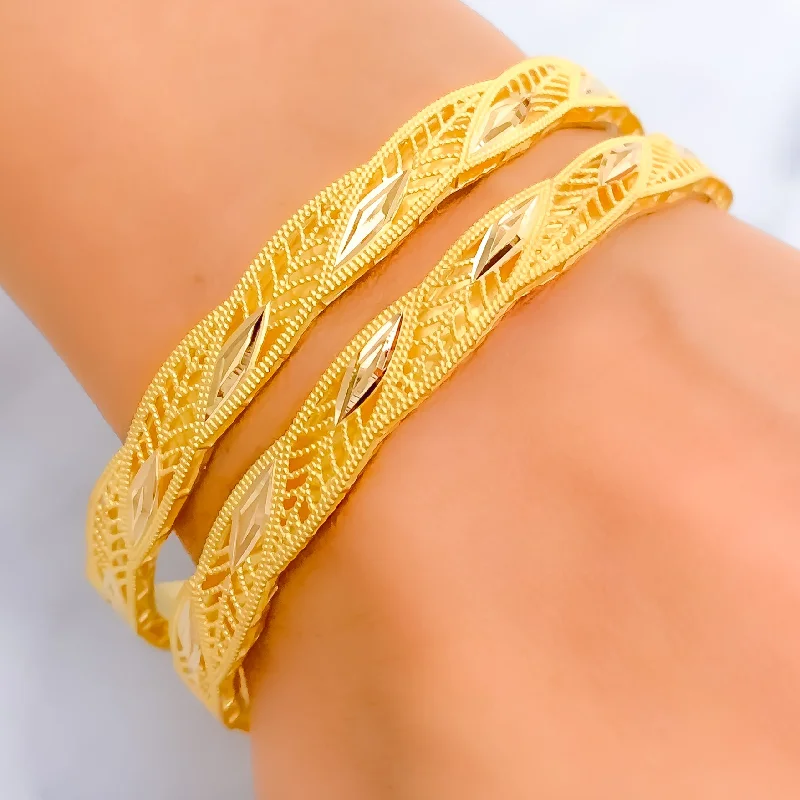 Ladies diamond bangles-Embellished Cutwork Leaf 21k Gold Bangles