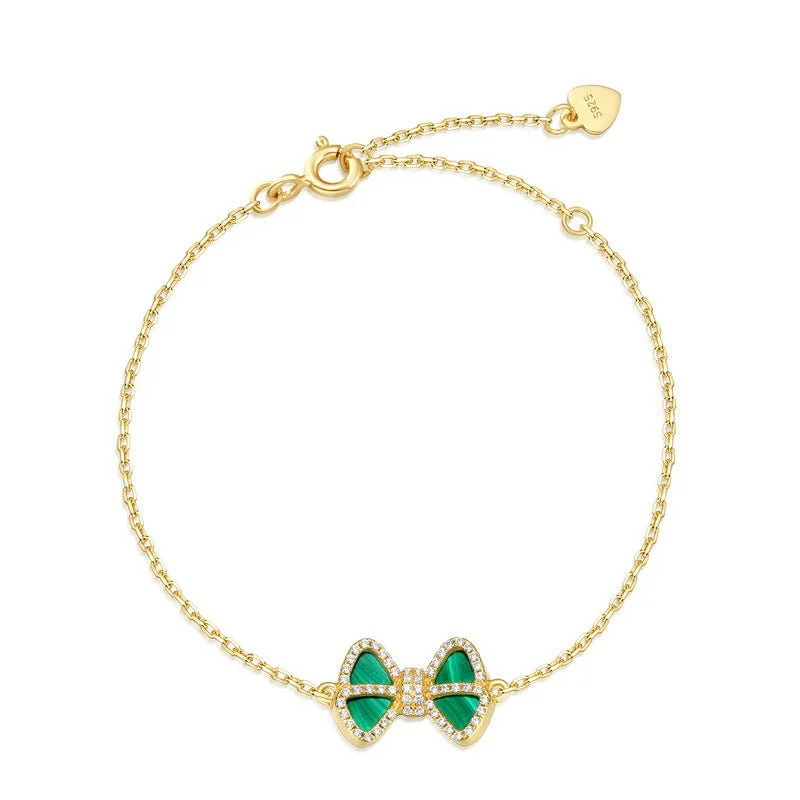 Ladies leather bracelets-Bow Malachite Bracelet -Gold Vermeil