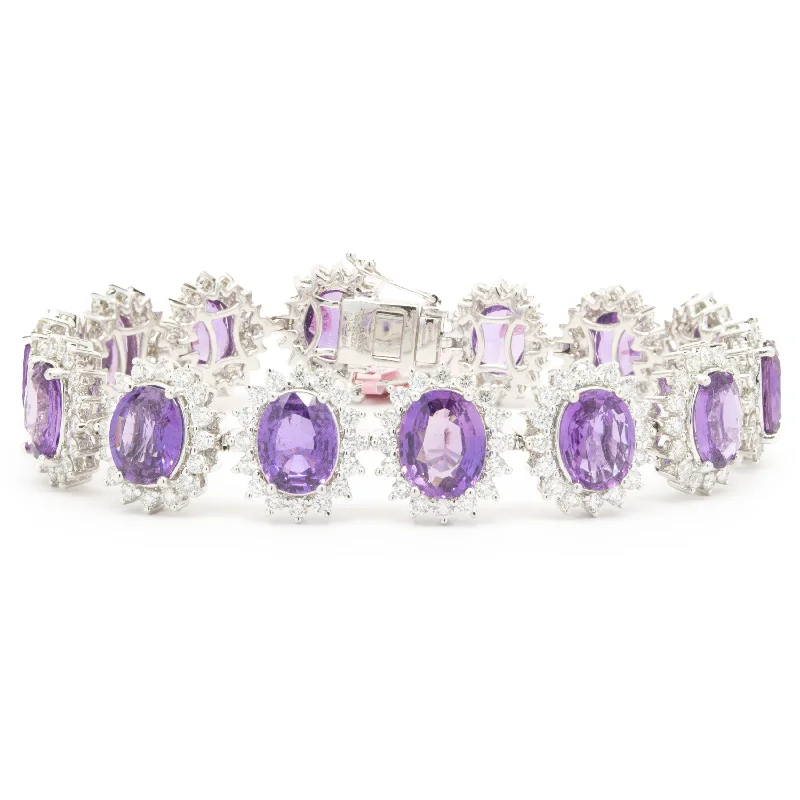 Ladies designer bangles-18 Karat White Gold No Heat Purple Sapphire and Diamond Halo Inline Bracelet