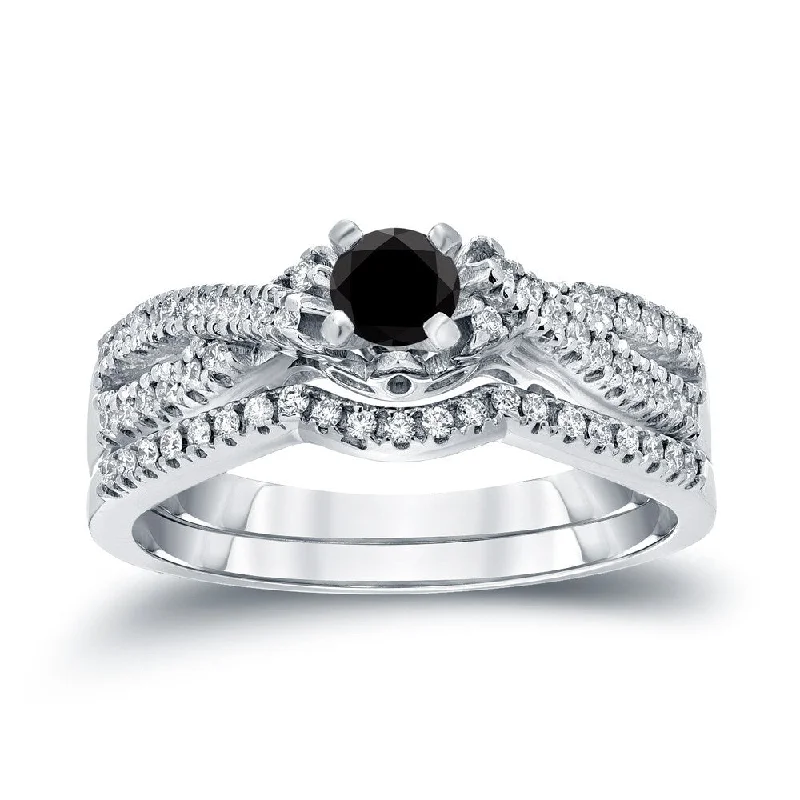 Ladies antique-inspired engagement rings-Auriya Braided 1/2ctw Halo Black Diamond Engagement Ring Set 14k Gold