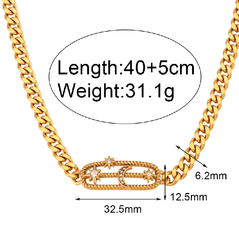 Hollow Hemp Pattern Rhinestone Star Moon Hollow Brand Cuban Link Chain Necklace-Gold