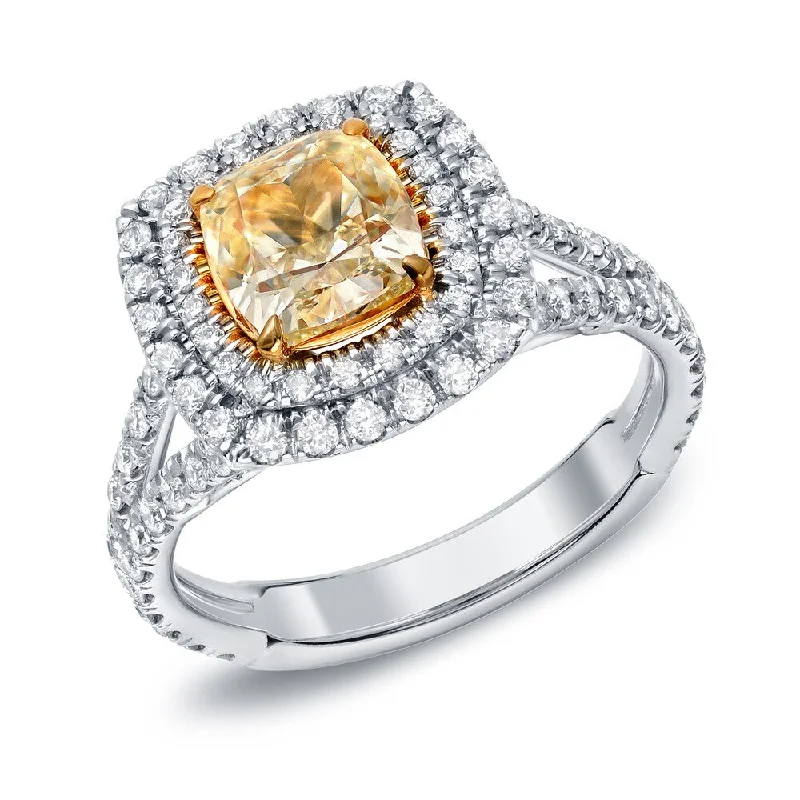 Ladies engagement rings with unique settings-Auriya 2 1/2ctw Fancy Yellow Cushion-cut Halo Diamond Engagement Ring 18k Gold Certified