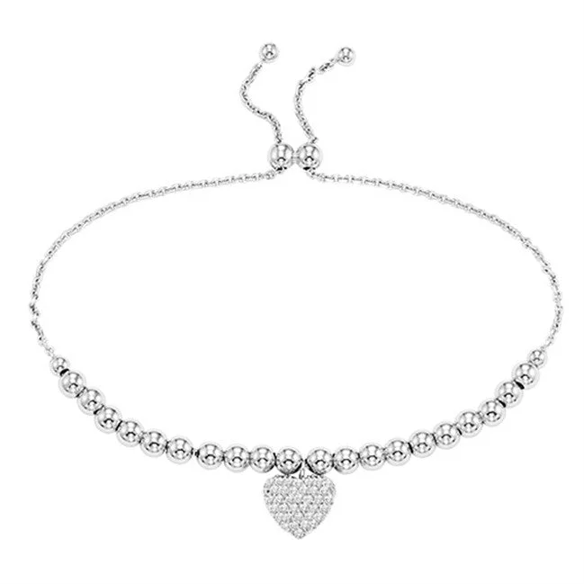 Ladies moonstone bracelets-Heart Shaped Cubic Zirconia Silver Beaded Bolo Bracelet