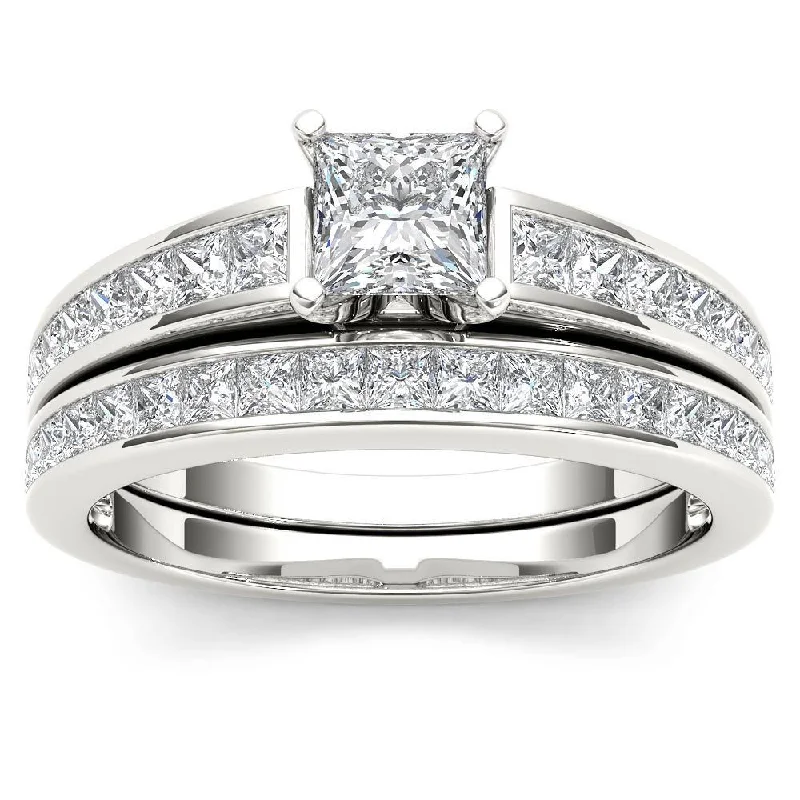 Ladies lab-grown diamond engagement rings-De Couer 14k White Gold 1 1/2ct TDW Diamond Classic Engagement Ring Set with One Band - White H-I