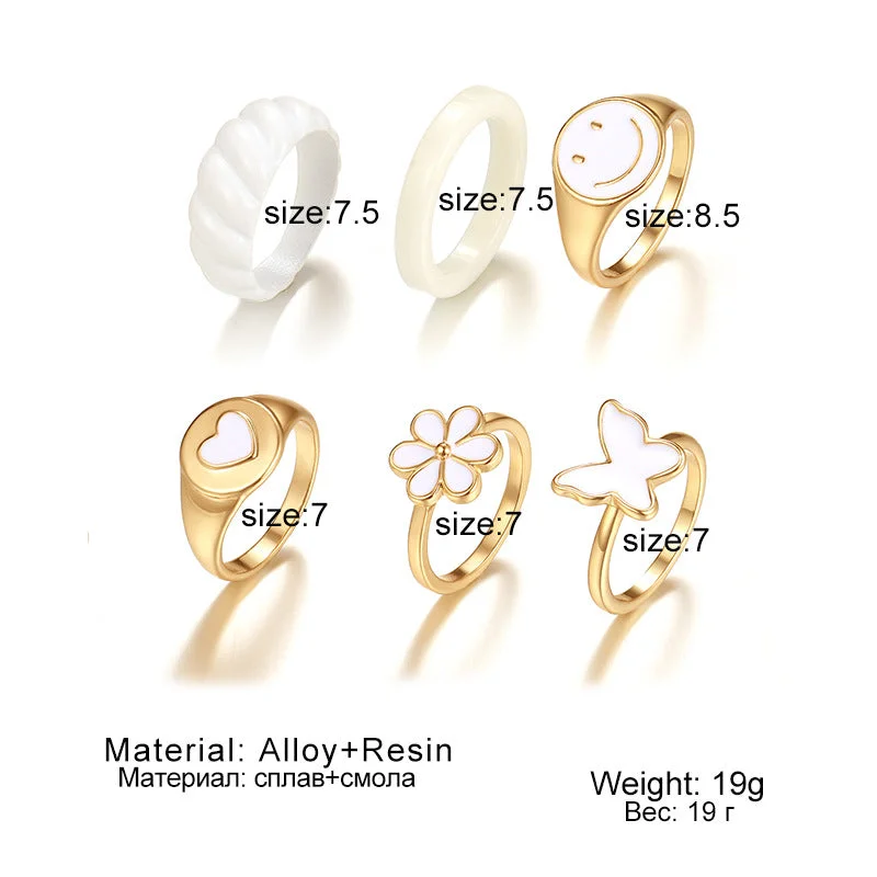 Ladies cluster rings-European And American New Oil Dripping Butterfly Smiley Ring 6-piece Cross-border Ins Love Joint Ring Suit Hzs2215