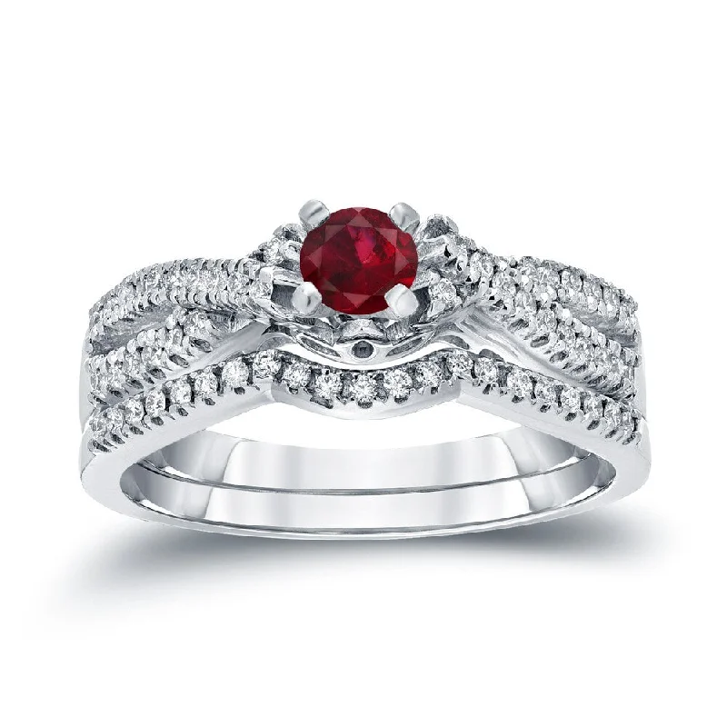 Ladies halo engagement rings-14k Gold 1/4ct Ruby and 1/4ct TDW Braided Infinity Diamond Engagement Ring Set by Auriya