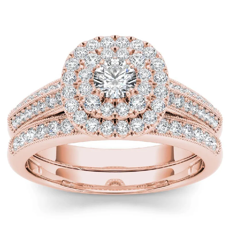 Ladies three-stone engagement rings-De Couer 10k Rose Gold 7/8ct TDW Diamond Double Halo Engagement Ring Set with One Band - Pink