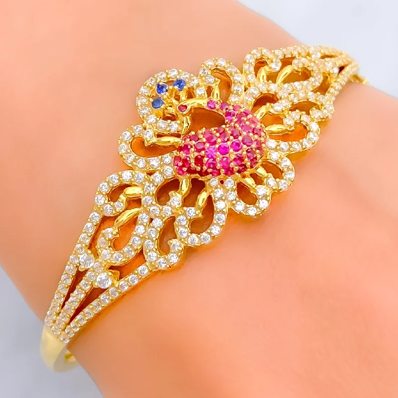 Ladies stretch bracelets-Royal Decorative 22k Gold CZ Peacock Bangle Bracelet