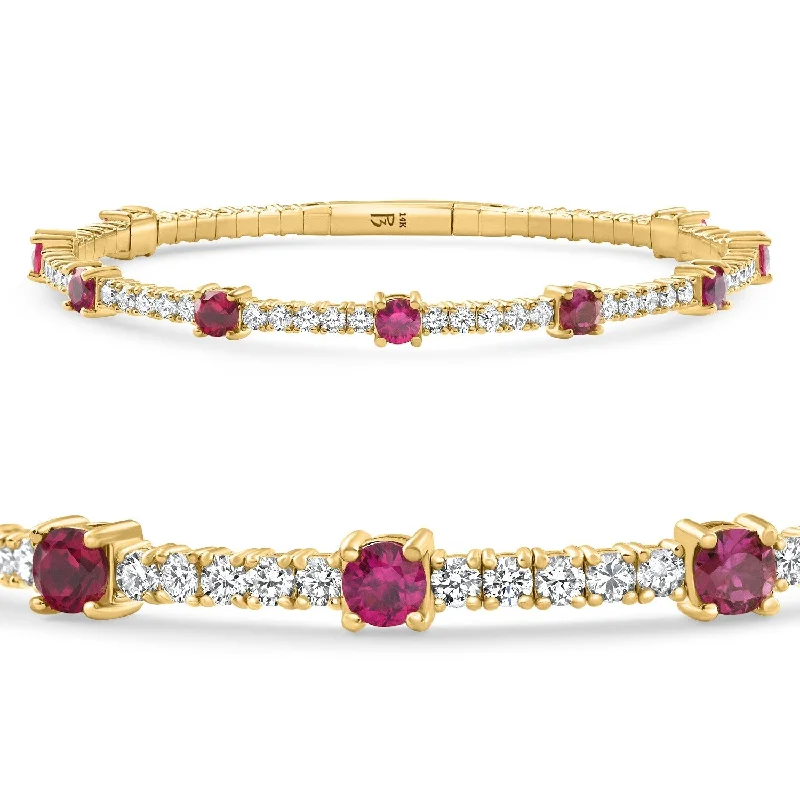 Ladies bridal bracelets-5Ct Ruby & Diamond Diamond Tennis Flexible Bangle Bracelet Yellow Gold Lab Grown