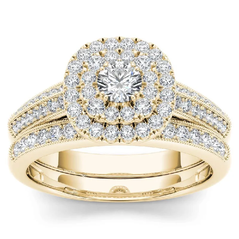 Ladies gemstone solitaire engagement rings-De Couer 10k Yellow Gold 7/8ct TDW Diamond Double Halo Engagement Ring Set with One Band