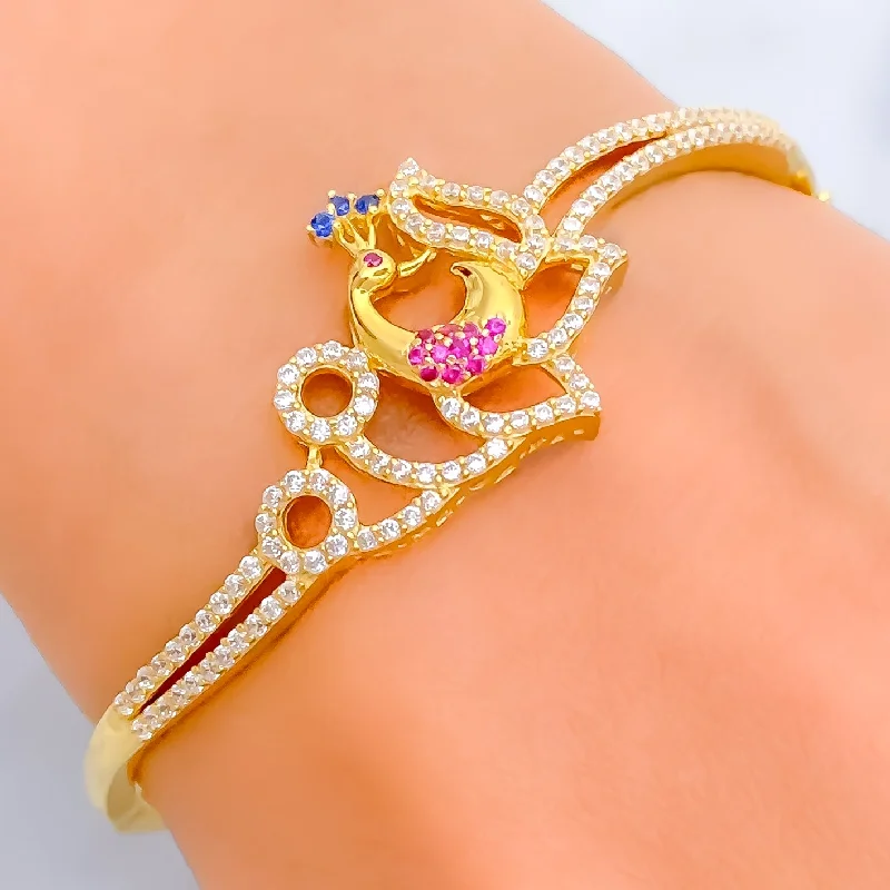 Ladies cuff bracelets-Magnificent Floral Peacock 22k Gold CZ Bangle Bracelet