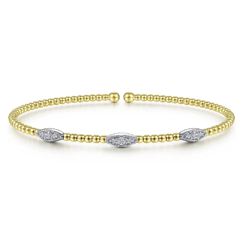 Ladies statement bracelets-Bujukan Yellow and White Gold Diamond Marquise Station Cuff Bracelet, 0.16 cttw