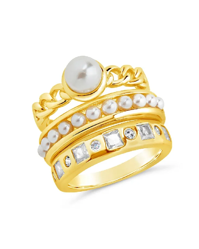 Ladies sterling silver rings-Kimber Pearl & CZ Stacking Ring Set of 3