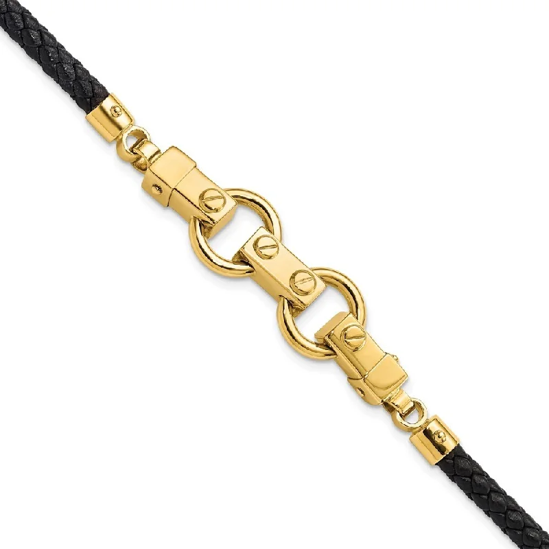 Ladies luxury bracelets-14k Yellow Gold Polished Fancy Link Yellow Gold Leather Bracelet, 8"