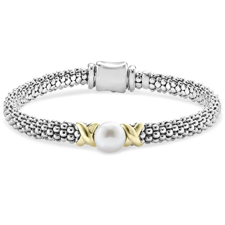 Ladies cuff bangles-Two-Tone X Pearl Caviar Bracelet | 6mm