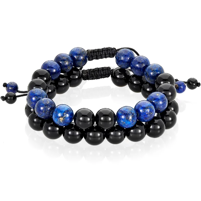 Ladies thick bangles-Men's Lapis Lazuli and Onyx Stone Adjustable Bracelet Set