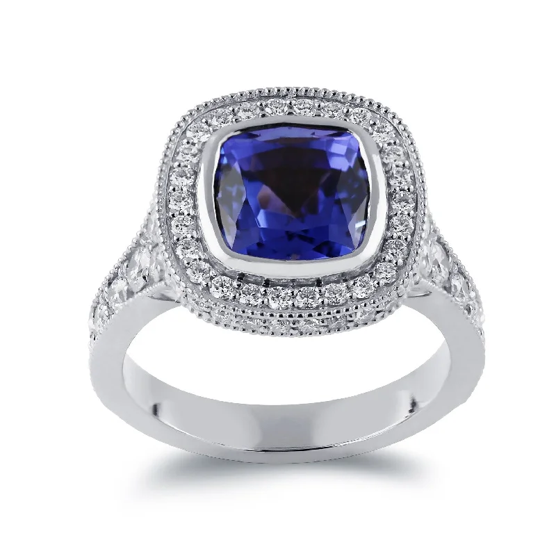 Ladies antique-inspired engagement rings-Auriya 14k Gold 3 1/2ct Vintage Cushion-cut Tanzanite Halo Diamond Engagement Ring 1 3/8ctw (H-I, SI1-SI2)