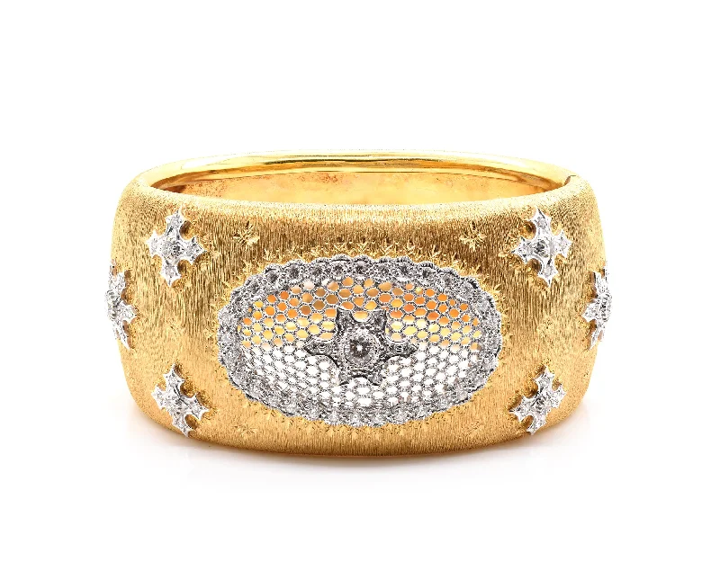 Ladies antique bracelets-18 Karat Yellow Gold Wide Vintage Diamond Snowflake Cuff Bracelet