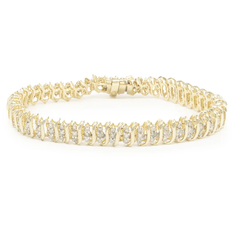 Ladies shiny bracelets-14 Karat Yellow Gold Triple Row Diamond S Link Bracelet