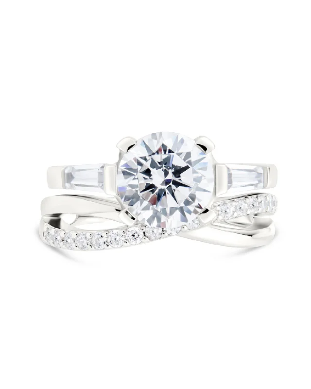 Ladies platinum rings-Sterling Silver Round CZ Crisscross Solitaire Ring Set