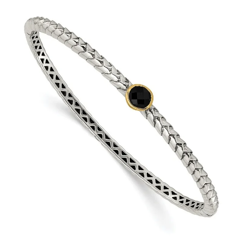 Ladies boho bracelets-Curata 925 Sterling Silver Hinged Polished With 14k 6mm Simulated Onyx Cuff Stackable Bangle Bracelet