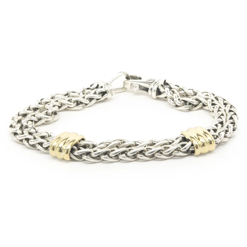 Ladies stackable bangles-David Yurman Sterling Silver & 18 Karat Yellow Gold Double Row Bracelet with Ribbed Stations